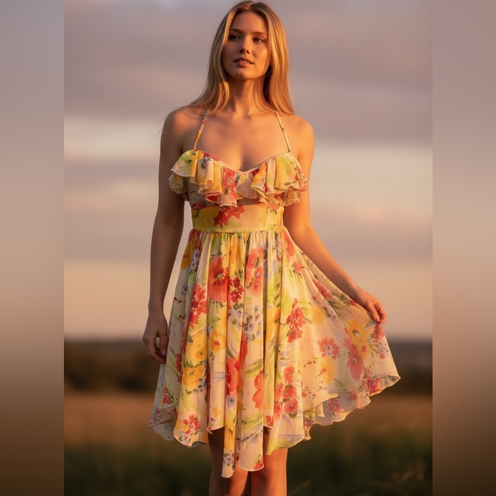 FOREVER 21 (XXI) FLORAL PRINT RUFFLE SPAGHETTI STRAP  HALTER MINI SUNDRESS SZ S
